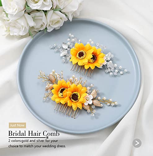 Silver Sunflower Bridal Hair Comb with Pearl & Crystal
