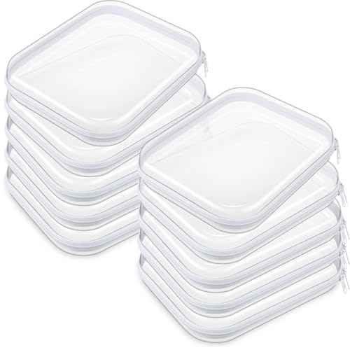 Sanwuta 10 Pcs Hard Zipper Case Clear Hard Pouches Plastic Zipper Pencil Box Toy Storage Bins Portable Plastic Container for Travel Toiletry Office Cosmetic Block Puzzle Organizer(M,Clear)