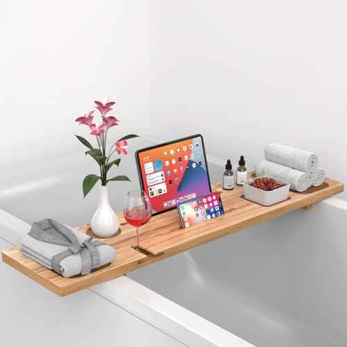 Bathtub Tray for Freestanding Bath, Solid Pine Wood Bath Tray for Tub, Bath Caddy for Home Spa, Adjustable Bathtub Trays for Tub, with Bathtub Accessories Holders, Patent Design, 35x9