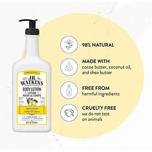 J.R. Watkins Daily Moisturizing Lotion ? Body Cream in Pump Dispenser ? Hydrating Skin Cream Made with Shea Butter, Cocoa Butter, Coconut Oil & Vitamin E, Lemon Cream, 18 fl oz