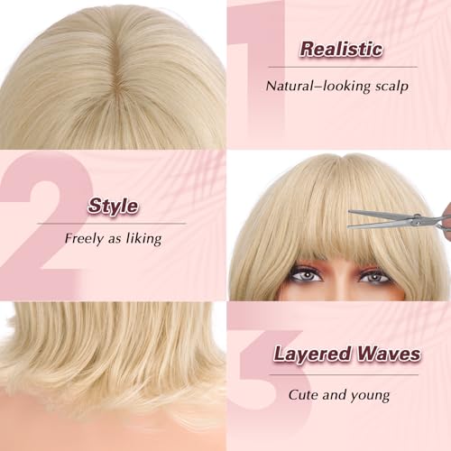Haloo 14-Inch Blonde Bob Wig with Bangs - Wavy Synthetic Hair