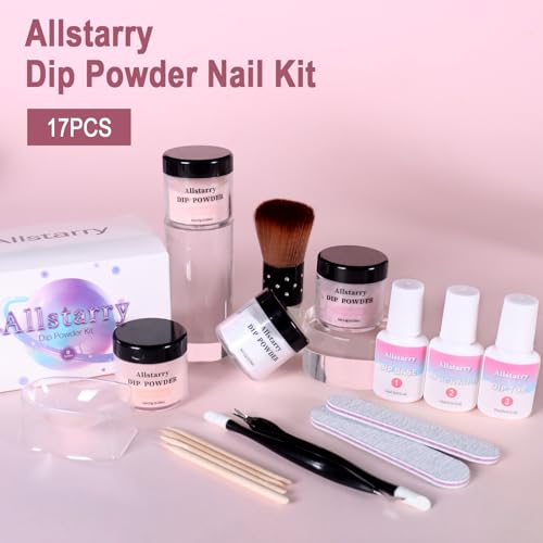 Allstarry 17pcs Dip Powder Nail Kit, 4 Colors Nude Brown Glitter Acrylic Dipping Powder Liquid Set with Base Top Coat Activator Brush Saver Recycling Tray for French Nail Art Manicure DIY Salon