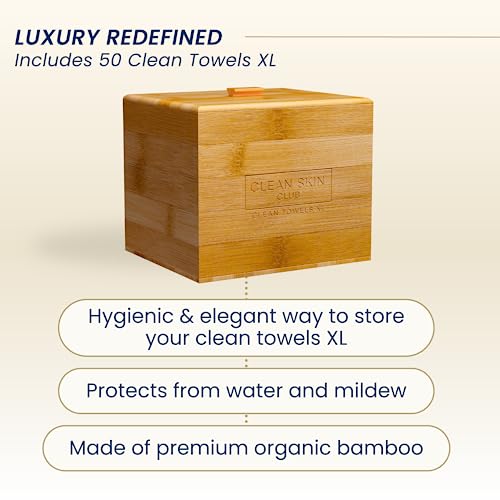 Clean Skin Club Luxe Bamboo container with Removable Cover includes Clean Towels¢ç Original XL 50 Count, Disposable Face Towel Holder for Bathroom Counter