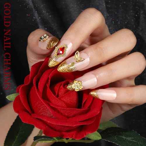 Teenitor Gold Nail Charms with Flatback Nail Pearls, 3D Nail Charms and Gems for Nail Art Design, Gold Pearls for Nails with Heart Star Cross Nail Charms, Nails Supplies Nail Accessories