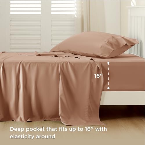 Bedsure Twin Sheets Set, Cooling Sheets Twin Size Bed Set, Rayon Derived from Bamboo, Twin Size Sheets, Breathable & Soft Bed Sheets, Hotel Luxury Silky Bedding Sheets & Pillowcases, Taupe