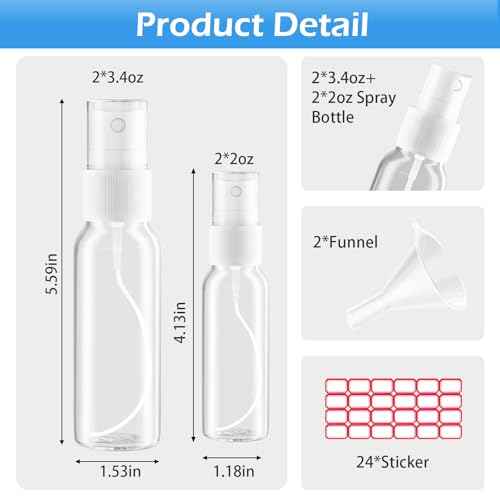 Spray Bottles, 2oz/50ml, 3.4oz/100ml Clear Empty Fine Mist Plastic Mini Travel Bottle Set, Small Refillable Liquid Containers with 2pcs Funnels and 24pcs Labels (4 Pack)