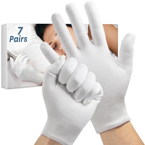 FourSeas White Cotton Moisturizing Gloves for Overnight Care - 7 Pairs