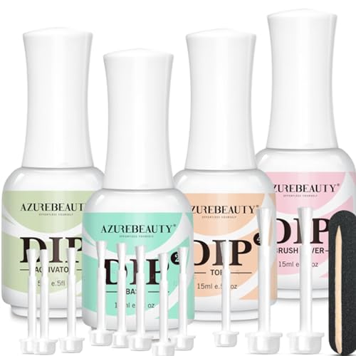 AZUREBEAUTY4+4 Dip Powder Liquid Set 15ml & Dip Powder Replacement Liquid Brush 10pcs£¬Nail File Dipping Powder Essential Tools for Dip Powder Nail Kit No Nail Lamp Needed