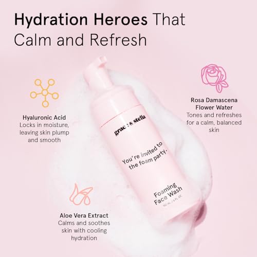 grace & stella Award Winning Travel Face Wash (60ml) Hydrating & Gentle Foaming Facial Cleanser with Hyaluronic Acid, Rose Water, Aloe Vera - Moisturizing Cleansing Foam for Normal to Very Dry Skin