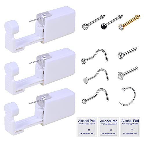 Nose Piercing Kit - 3 Self Piercing Guns with Hypoallergenic Studs & Rings