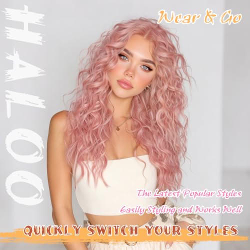 Haloo Pink Wigs for Women 21 Inch Long Wavy Curly Lace Front Synthetic Hair - Beginner Friendly