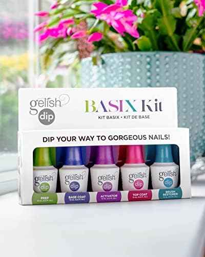 Gelish Dip Basix Kit – Prep, Base Coat, Activator, Top Coat & Brush Restorer – Easy, Odor-Free, No UV or LED Lamp Required for Long-Lasting, Salon-Quality Dip Powder Nails at Home.