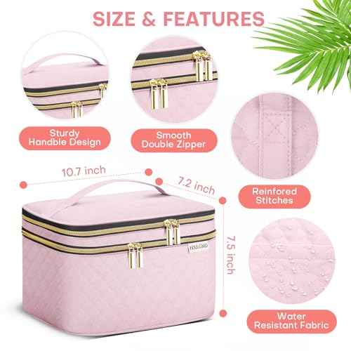 Large Makeup Bag with Mirror Double Layer Travel Make Up Organizer Case, Large Capacity Coemetic with Brush Slot Divider, Travel Toiletry Bag for Women (Pink)