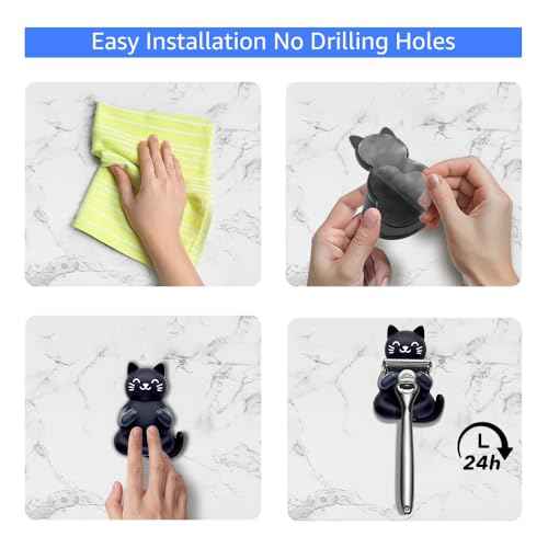 Cat Holder Shaver Organizer, Black Cat Bathroom Decor Razor Holder Wall Mount, Valentine's Day Birthday Gifts for Women Boyfriend Girlfriend, Emotiona Gifts for Wife Husband Dad Mom Cat Lover