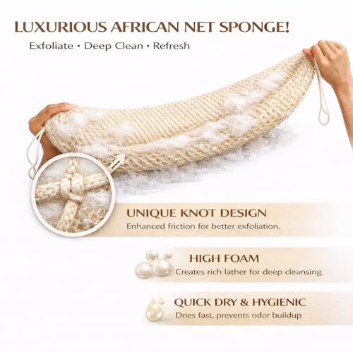 African Net Body Scrubber 3-Pack - Exfoliating Back & Body Sponge for Men Women, Black, Olive Green, Champagne Gold