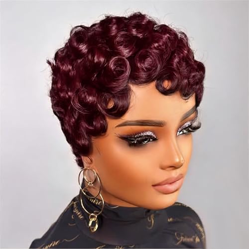 FREEKWEEN Short Pixie Cut Wig 99J Burgundy Human Hair with Bangs for Black Women