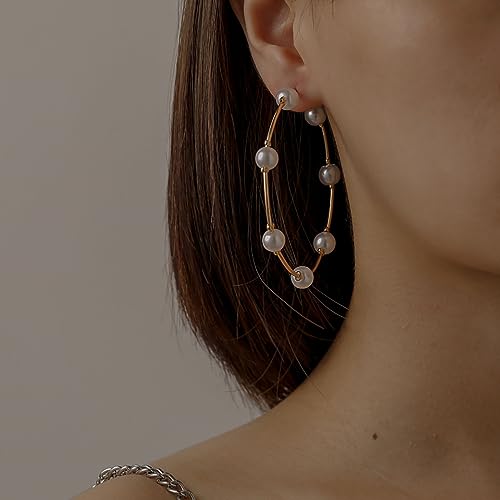 Boho Pearl Hoop Earrings for Women - Open Circle Design