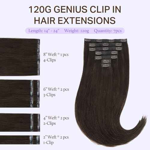 DOORES Genius Clip in Human Hair Extensions, Dark Brown 20 Inch 7pcs 120g, Invisi Edge Straight Hair Extensions with Skin Weft for Women