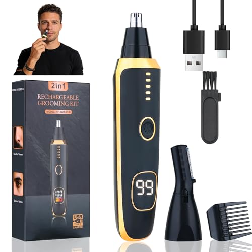 LED Display Eyebrow & Nose Hair Trimmer Clipper for Men Women,2026 Rechargeable 2 in 1 Painless Ear & Facial Hair Trimmer with Powerful Motor and Dual-Edge Blades Easy Cleansing (Black)