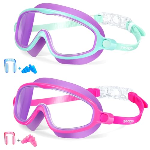 Kids Goggles for Swimming 2 Pack No Leaking Anti-Fog Outer Eye Fit with Wide View UV Protection Crystal Clear Watertight Swim Goggles with nose cover Suitable for Children Youth Boys Girls Age 3 to 15