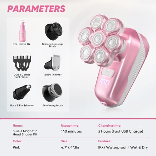 Pink Women Electric Shaver with 7D Magnetic Floating Heads Wet Dry Bikini Trimmer Kit