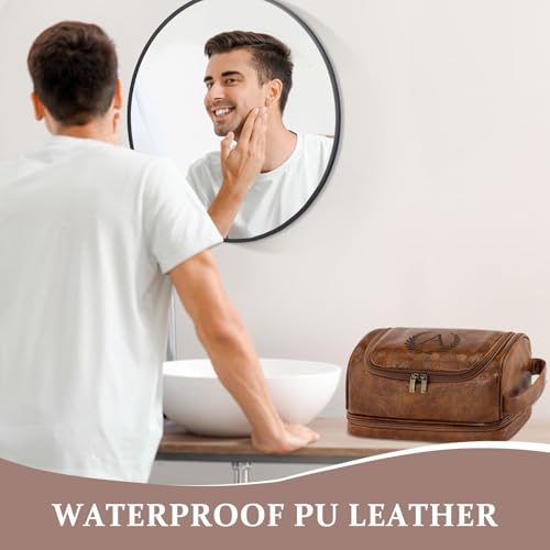 Personalized Christmas Birthday Gifts Toiletry Bag for Men Dad Husband, Custom Initial PU Leather Waterproof Toiletry Organizer Dopp Kit Shaving Bag Travel Essential for Men, Light Brown J