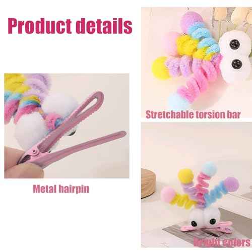 MIUPOO Fluffy Pom Poms Hair Clips,Crazy Hair Day Accessories for Girls,Quirky Little Monster Barrettes,Plush Duckbill Hairpins Hair Barrettes,Party Modeling Hair Accessories,2 Pieces,Pink eyes