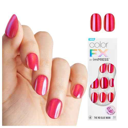 KISS colorFX by imPRESS Press On Nails , ¡®Floating¡¯, Solid Red with Pearlescent Finish, Short Oval, IMPROVED adhesive, Includes 30 Fake Nails, Prep Pad, 1 Manicure Stick, 1 Mini Nail File