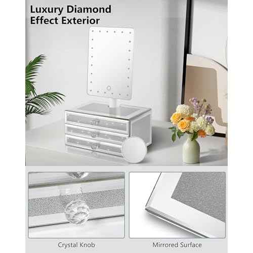 Star Vision 2-in-1 Lighted Makeup Mirror with Glass Jewelry Organizer, Dimmable 6,000K Cool White Light, 3-Layer Drawers, Luxury Crystal Diamond Effect Surface, Includes a 10X Magnification Mirror