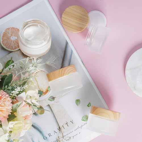 6Pcs Glass Cosmetic Containers with Wood Grain Lid Refillable Cosmetic Jar Frosted Glass Cream Container with Leak-proof Lid Empty Makeup Jar for Lotions,Creams,Scrub Cream,Home,Travel(50ml)