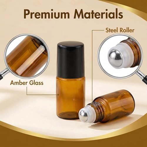 6PCS 2ML Amber Glass Roller Bottles for Essential Oils & Perfume