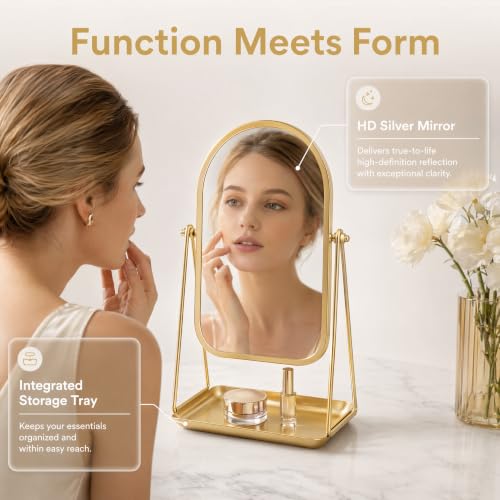 ChicReflect Gold Arch Desk Mirror with Storage Tray - Vanity Makeup Mirror
