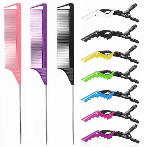 Rat Tail Comb & Hair Clips Set - 3 Teasing Combs + 7 Alligator Clips