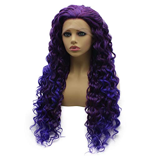 iwonawig Iewig Long Curly Ombre Purple Wig for Women Synthetic Lace Front 2 Tones Heat Friendly Wig