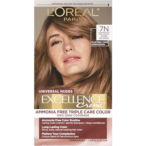 L’Oréal Paris Excellence Universal Nudes Permanent Hair Color, Ammonia Free Hair Dye for Gray Hair Coverage, 7N Natural Dark Blonde, 1 Hair Dye Kit