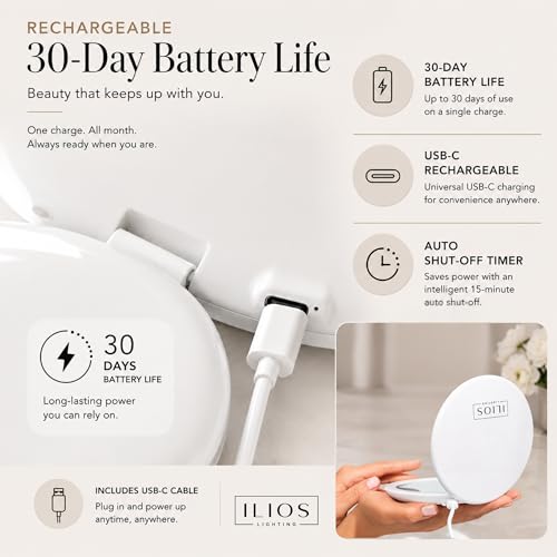 Ilios Lighting LED Compact Mirror with Light 1x/10x – White, USB-C Rechargeable, 5-Inch Travel Foldable