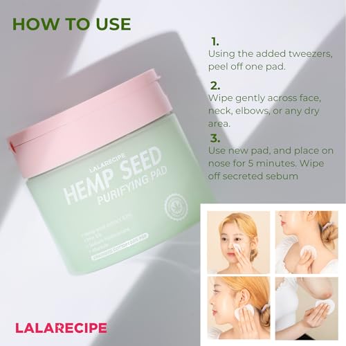 LALARECIPE Hemp Seed Purifying Facial Pads ? Korean Toner Pads with 83% Hemp Seed Extract & 5% PHA ? Gentle Exfoliating & Hydrating Skincare for Sensitive & Troubled Skin (70 Pcs)