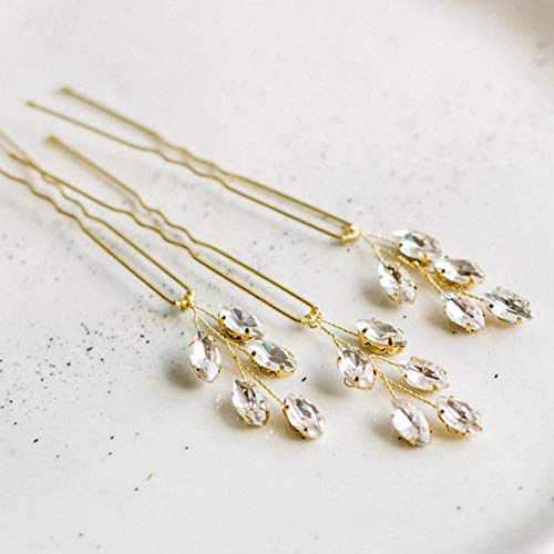 Kercisbeauty 3PCS Handmade Simple Crystal Leaf Leaves Hair Pins for Wedding Bridal Bridesmaids Flower Girls,Dancing Prom Party,Vintage Boho Hair Accessory(Gold)