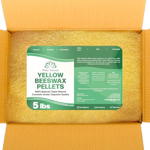 Yellow Beeswax Pellets 5lb, 100% Pure, Natural, Cosmetic Grade, Organic, Bees Wax Pastilles, Triple Filtered, Great For Candle Making, Soaps, Food Wraps, DIY Lip Balms, Sunscreen By White Naturals