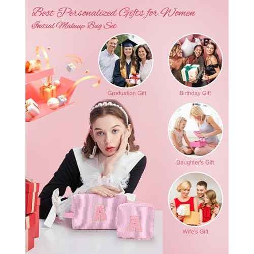 MONSTINA Initial Makeup Bag Set for Girls&Women,Personalized Make Up Case for Girlfriend Graduation Teacher Gifts,Cute Toiletry Bag Preppy Chenille Letter Patch,Pink A
