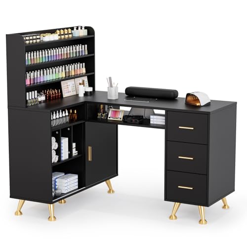 OmySalon L-Shaped Nail Technician Desk with Dust Collector & Storage, 52" Corner Manicure Table