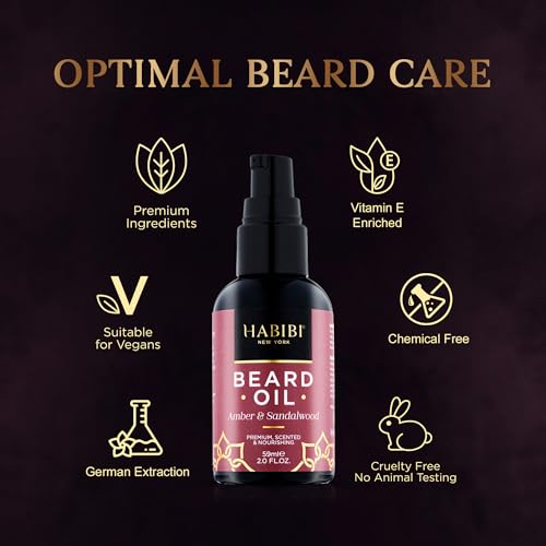 H HABIBI Amber & Sandalwood Beard Oil ? 2.0 Fl. Oz Naturally Derived Beard Growth Oil for Men, Beard Care Essential ? Hydrates, Nourishes & Promotes Healthy Growth, Made in USA