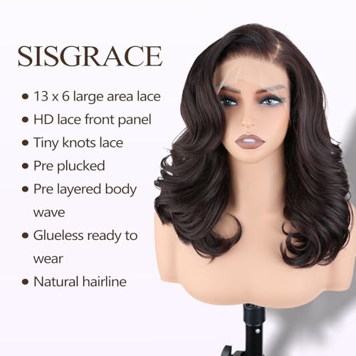SISgrace Brown 13¡¿6 HD Lace Front Wigs Synthetic Glueless Pre Layered Brown Roots Body Wave Wigs for Women Pre Plucked 18 Inch Tiny Knots Lace Natural Hairline Bob Wig