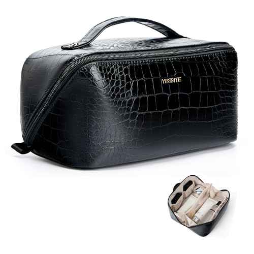 Yikisite Make Up Bag, Cosmetic Organizer for Women, Waterproof Croc PU Leather Makeup Organizer with Divider and Handle Toiletry Bag Travel Bag (Croc Embossed, Black)