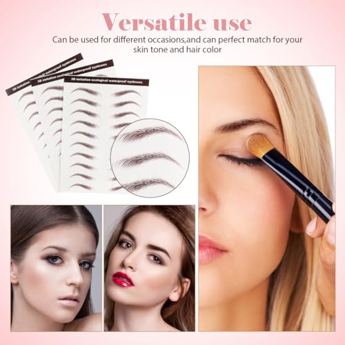 NOLITOY 3 Sheets 30 Pairs Eyebrow Sticker Waterproof, 3D Hair-Like Fake Eyebrows Transfers Stickers Peel Off Brows Grooming Shaping Makeup Sticker for Women Girls, Brown
