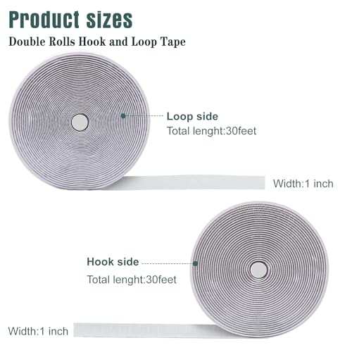 30Ft x 1 Inch Hook and Loop Strips with Adhesive,Double Rolls of Heavy Duty Self Adhesive Tape with Backing, Nylon Self Adhesive Tape for Home Office School and Crafting,White