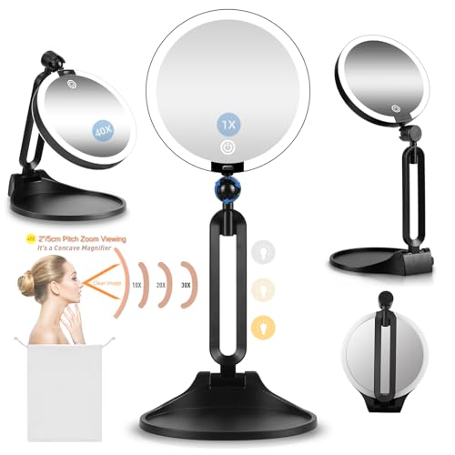 Junyaoxuan Black 6-Inch Double Sided LED Travel Makeup Mirror with 1X/40X Magnification and Dimmable Lights