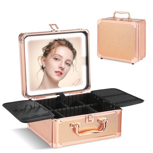 Leeora&Leekoo Makeup Box with Lighted Mirror,Portable Makeup Train Case Organizer (Gold)