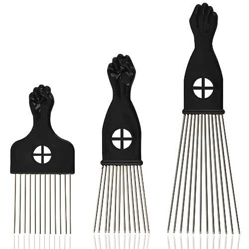 3-Piece Stainless Steel Afro Hair Pick Set with Fist Design for Natural Curly Hair