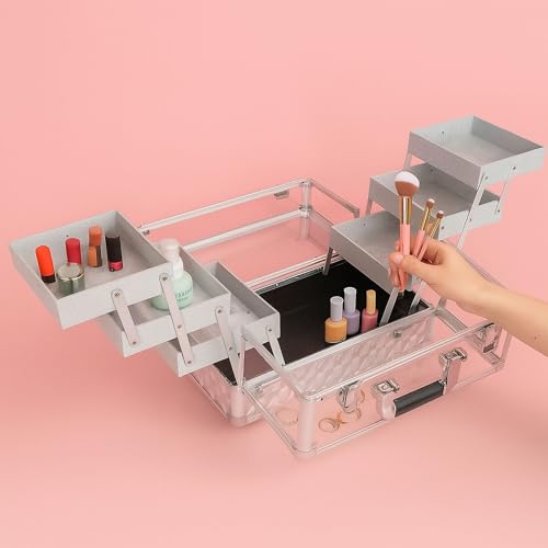 Ver Beauty Silver Diamond Makeup Train Case with 6 Accordion Trays ? Lockable Cosmetic Organizer with Spacious Interior & Clear Acrylic Top